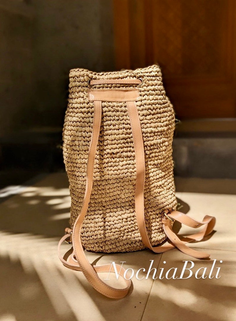 Beach Straw backpack, Woven Raffia backpack, Backpack with Genuine leather strap, Natural Leather color, gift for her image 10