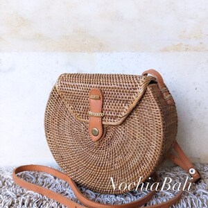 Boho Sling Bag, Rattan summer Bag, Woven beach bag, Beach wedding Bag, adjustable and genuine leather strap image 3