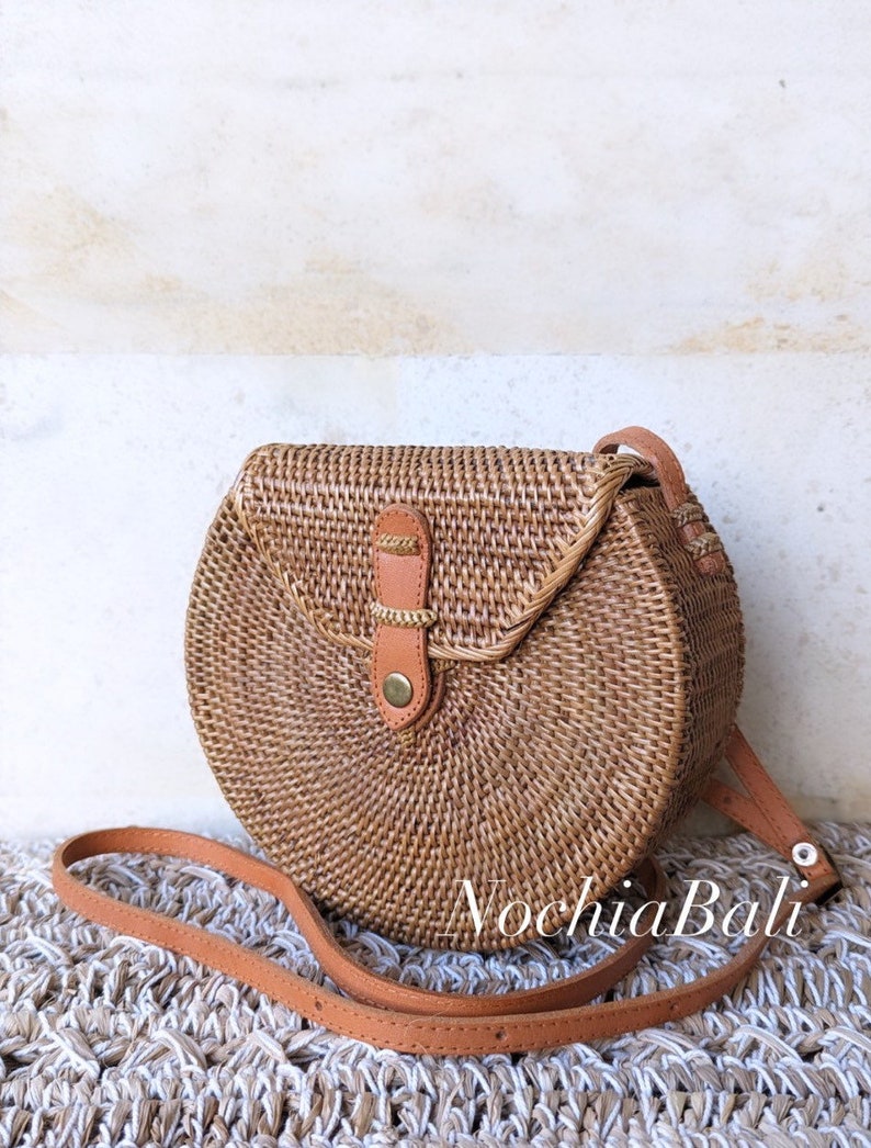 Boho Sling Bag, Rattan summer Bag, Woven beach bag, Beach wedding Bag, adjustable and genuine leather strap image 3