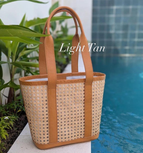 Tan Rattan Tote, Cane Webbing Bag, Wicker Rattan Handbag  display picture 1