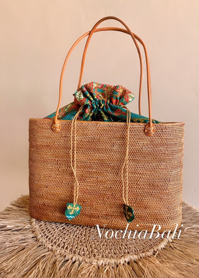 Summer Rattan Tote, Straw Tote bag, Woven Beach Bag, one shoulder summer handbag, genuine leather strap Large Plain inches