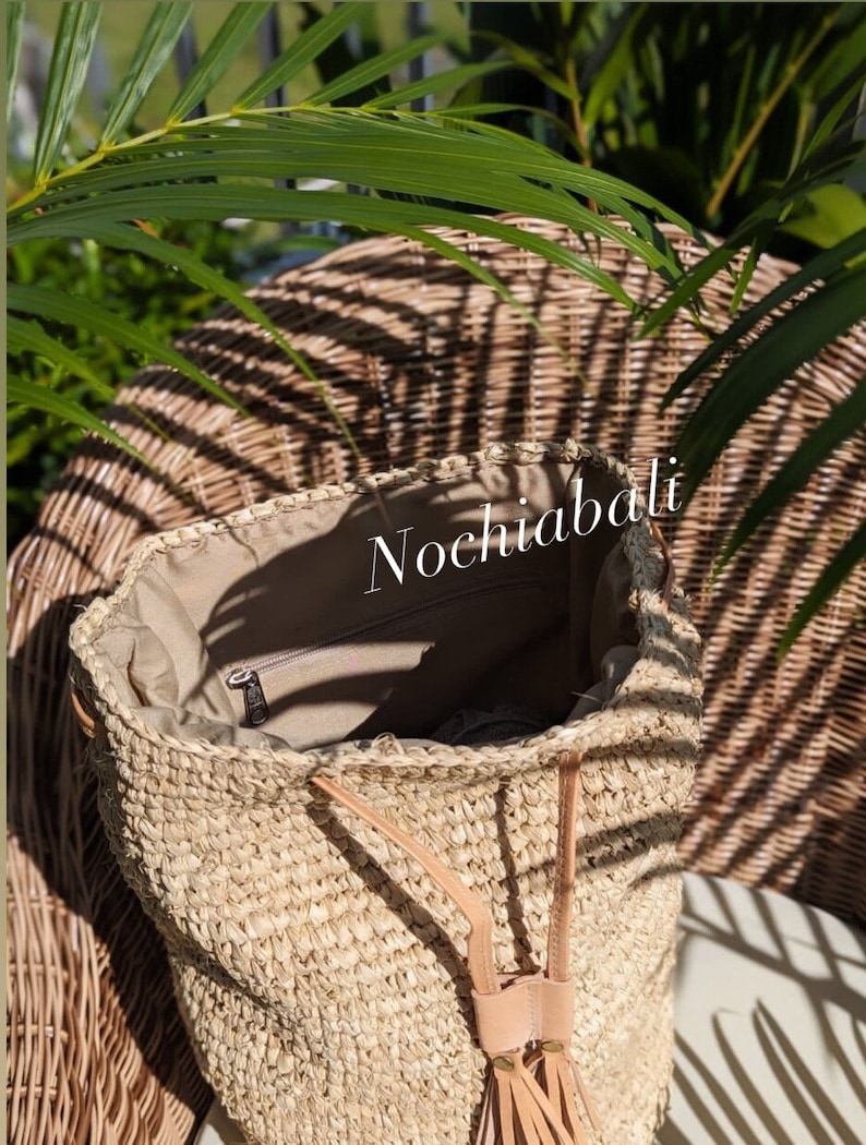 Beach Straw backpack, Woven Raffia backpack, Backpack with Genuine leather strap, Natural Leather color, gift for her image 3