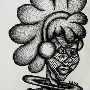 May include: Black and white pen and ink drawing of a person with a large, flower-shaped head and multiple eyes. The drawing is stylized and abstract, with a focus on the person's face and head. The text "XENO" is visible in the lower right corner of the drawing.