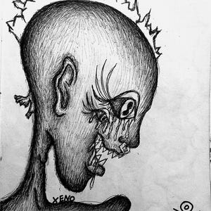 May include: A black and white pencil drawing of a person with a spiky mohawk, exaggerated features, and a large, open mouth. The person is crying and has a tattoo that says "XENO" on their shoulder.