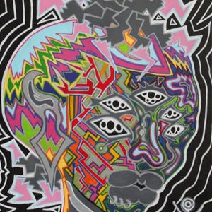 May include: Abstract painting of a face with multiple eyes, a large nose, and a mouth. The face is made up of a variety of geometric shapes and patterns in bright colors, including pink, blue, green, yellow, and red. The background is black with white lines.