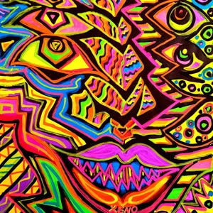 May include: Abstract psychedelic art with bright colors, including yellow, orange, green, blue, pink, and black. The art features a face with multiple eyes, a large mouth, and a wavy, geometric pattern.