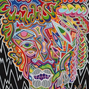 May include: Abstract portrait painting with a colorful, psychedelic style. The face is made up of many different shapes and colors, including red, blue, green, yellow, and pink. The background is black with a white zig-zag pattern.