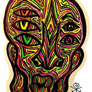 May include: A psychedelic drawing of a face with multiple eyes and a large open mouth. The face is drawn in black lines with pink, green, and yellow fill. The drawing is on a white background.