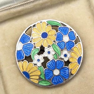 Vintage silver enamel brooch - floral design guilloche enamel pin - mid century jewellery