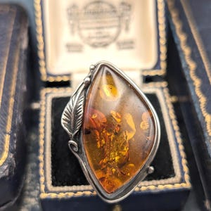 Mid Century Amber Ring Sterling Silver Nouveau Style Statement, Gift For Her, Size N 1/2