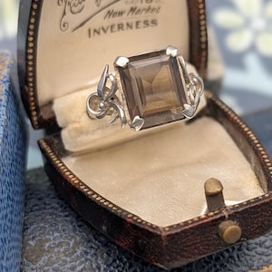Silver Smoky Quartz Ring Sterling Silver Mid Century Gemstone Cocktail, Size N 1/2