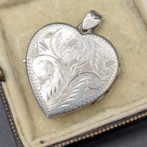 Vintage Sterling Silver Heart Locket: Etched Scrolling Design Pendant