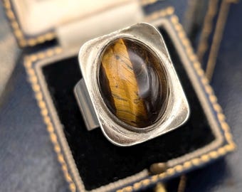 Mid Century Tigers Eye Ring Sterling Silver Gemstone 1970s Statement, Unique Gift For Her, Size P