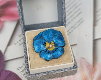 vintage silver enamel brooch pansy flower sterling silver guilloche enamel