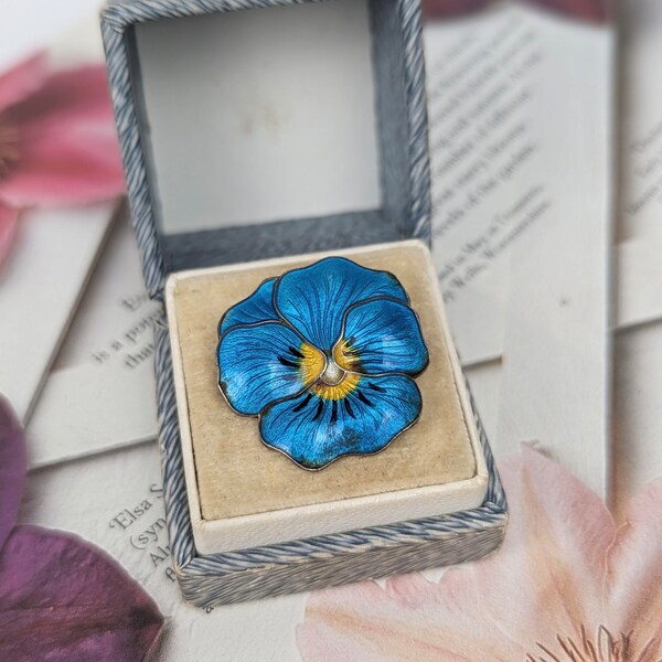 vintage silver enamel brooch pansy flower sterling silver guilloche enamel