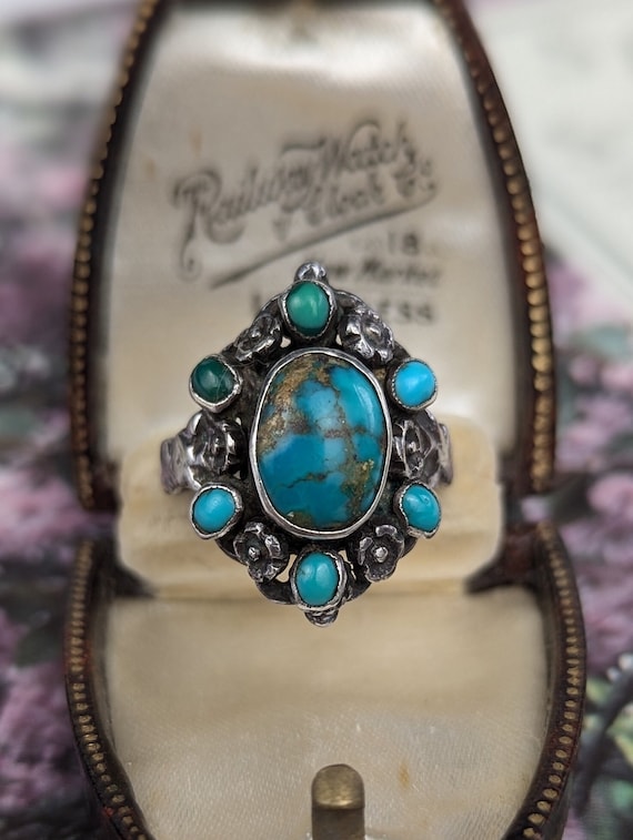 Early 1900's Vintage Native American Navajo Turquoise Sterling Silver Bird Ring Old Early 1900's Vintage Native American Navajo Turquoise Sterling Silver Bird Ring Old
