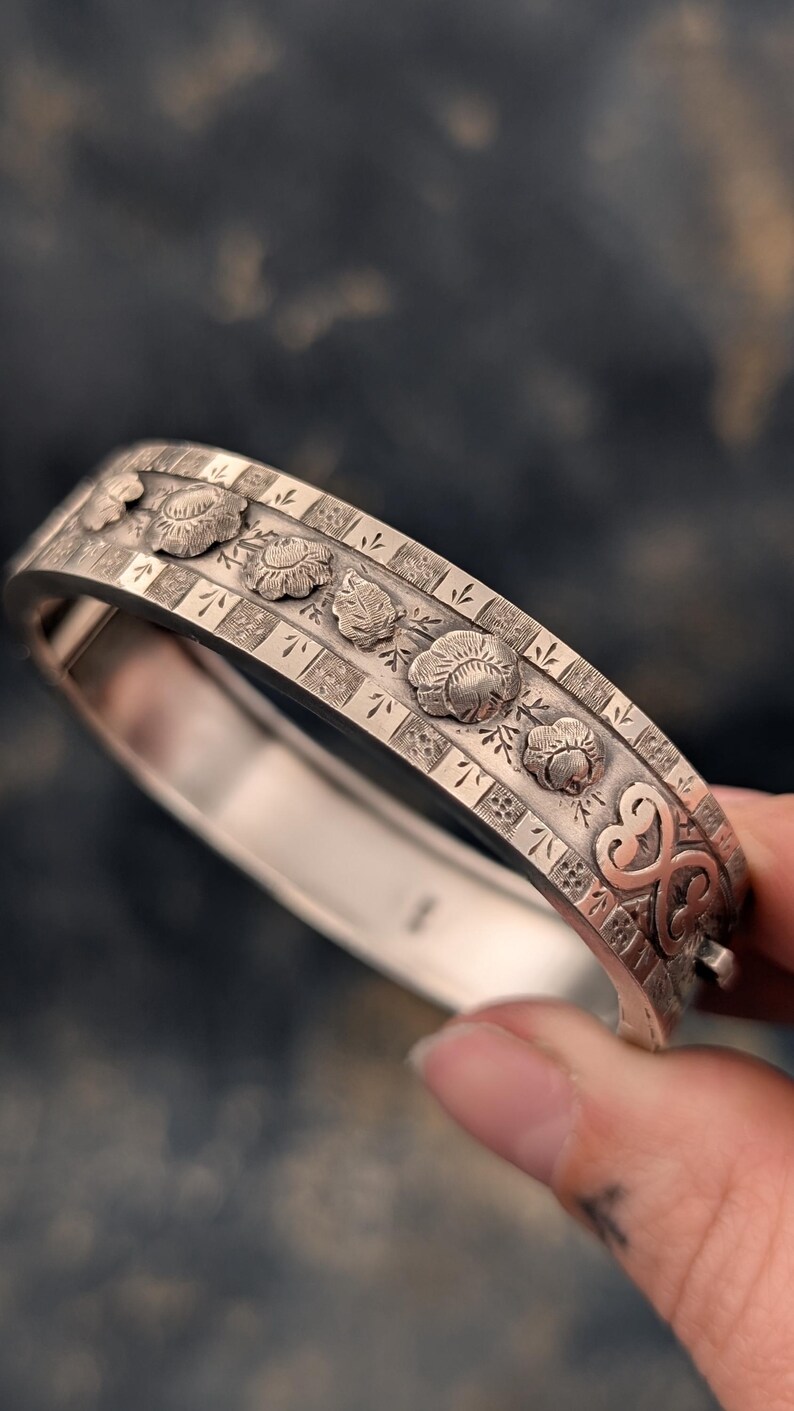 Antique 1885 Silver Bangle Victorian Sterling Silver Flower Design ...