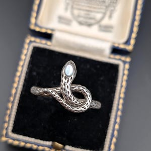 Moonstone Snake Ring Sterling Silver Vintage Gemstone Wrap Around Serpent, Gift For Him, Size V