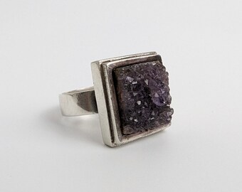 Modernist amethyst ring sterling silver gemstone geode mid century