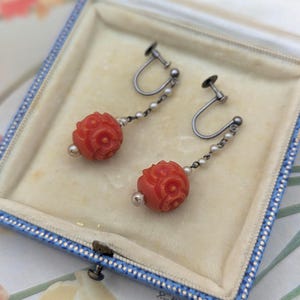 Vintage silver kitsch earrings - sterling silver early plastic carved floral screw-backs - 1950s jewellery