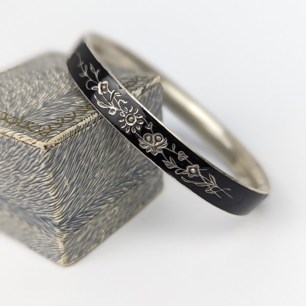 Victorian mourning bangle Austro-Hungarian silver black enamel seed pearl antique bracelet