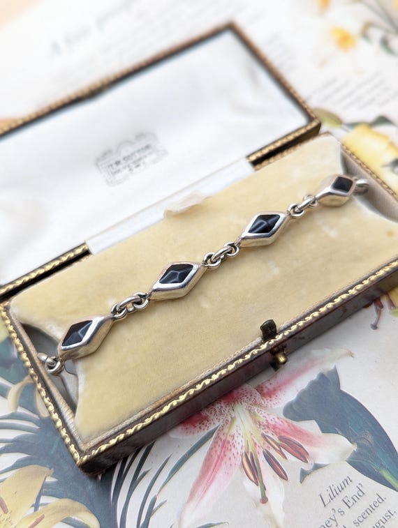 Mexico Silver Bracelet Vintage Black Enamel Sterling Silver T Bar 
