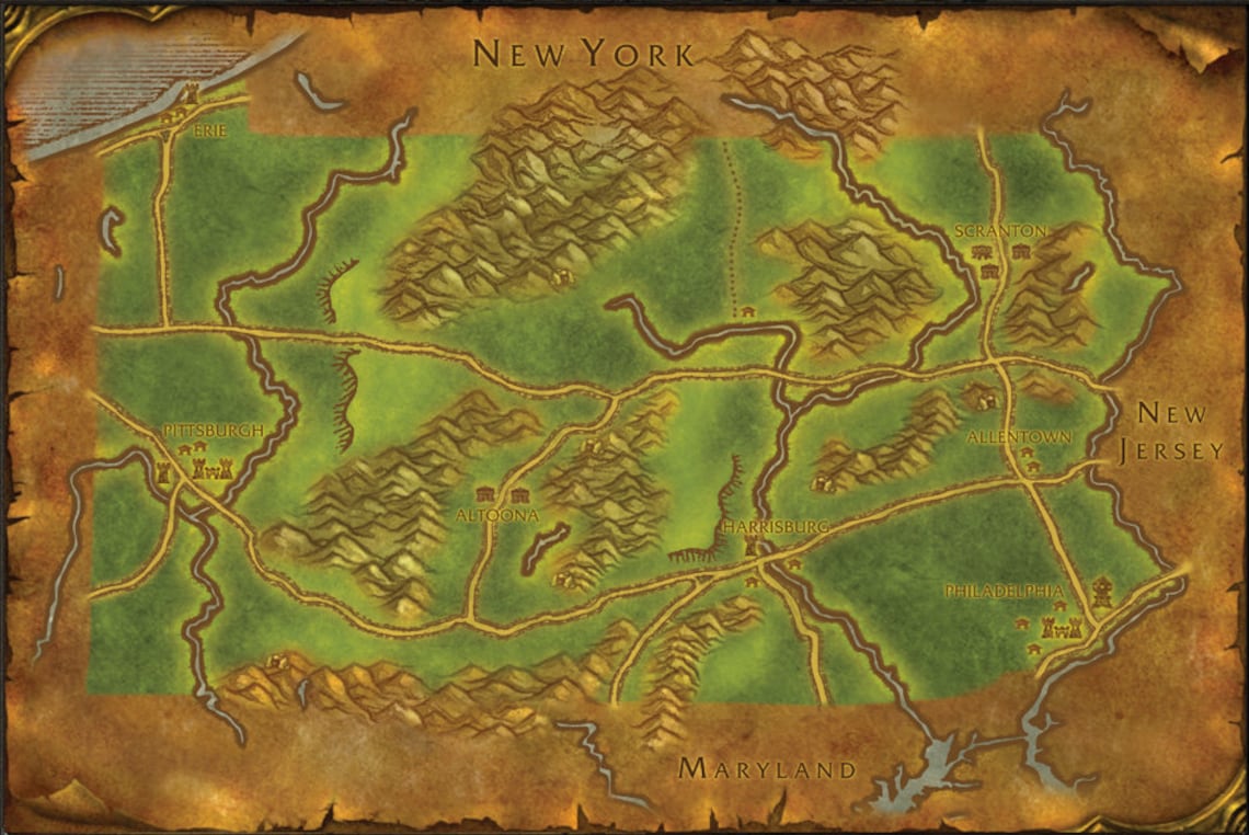 Pennsylvania World of Warcraft Style Map Print Etsy