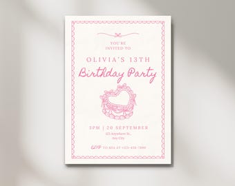 Faire-part d'anniversaire coquette noeud rose, Faire-part noeud rose blush, Faire-part d'anniversaire ruban, Invitation noeud coquette rose, modèle numérique