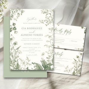 Sage Green Wedding Invitation Template Set, Greenery Wedding Invitation, Editable Woodland Coquette  Aesthetic, Botanical Wedding Bundle