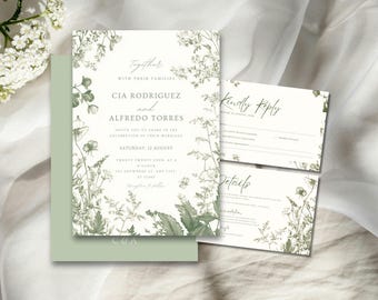 Sage Green Wedding Invitation Template Set, Greenery Wedding Invitation, Editable Woodland Coquette  Aesthetic, Botanical Wedding Bundle