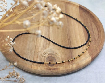 Elegante lange ketting, zwarte Japanse seed beads, goudkleurige hematiet, kralen ketting, cadeau voor haar, valentijnscadeau, elegant