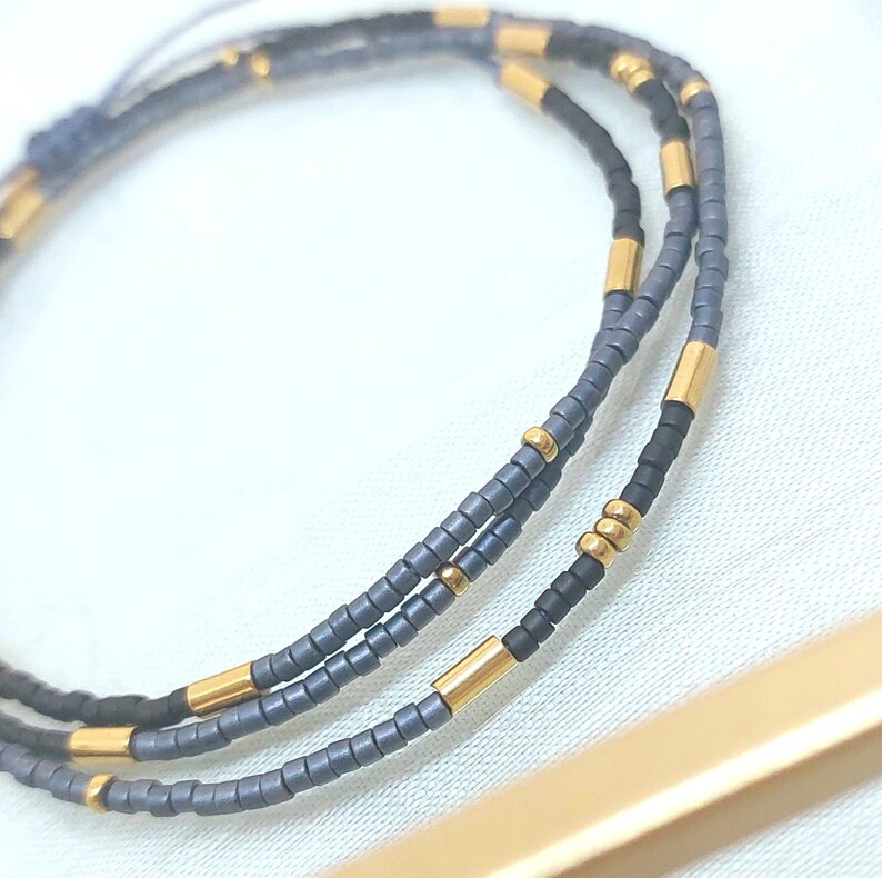 Adjustable Denim Blue Wrap Bracelet, Gift, Beaded Bracelet, Gold