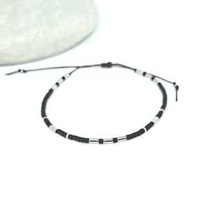 Adjustable refined bracelet, gift, black Japanese seed beads, silver-colored hematite beads, nylon thread, friendship bracelet