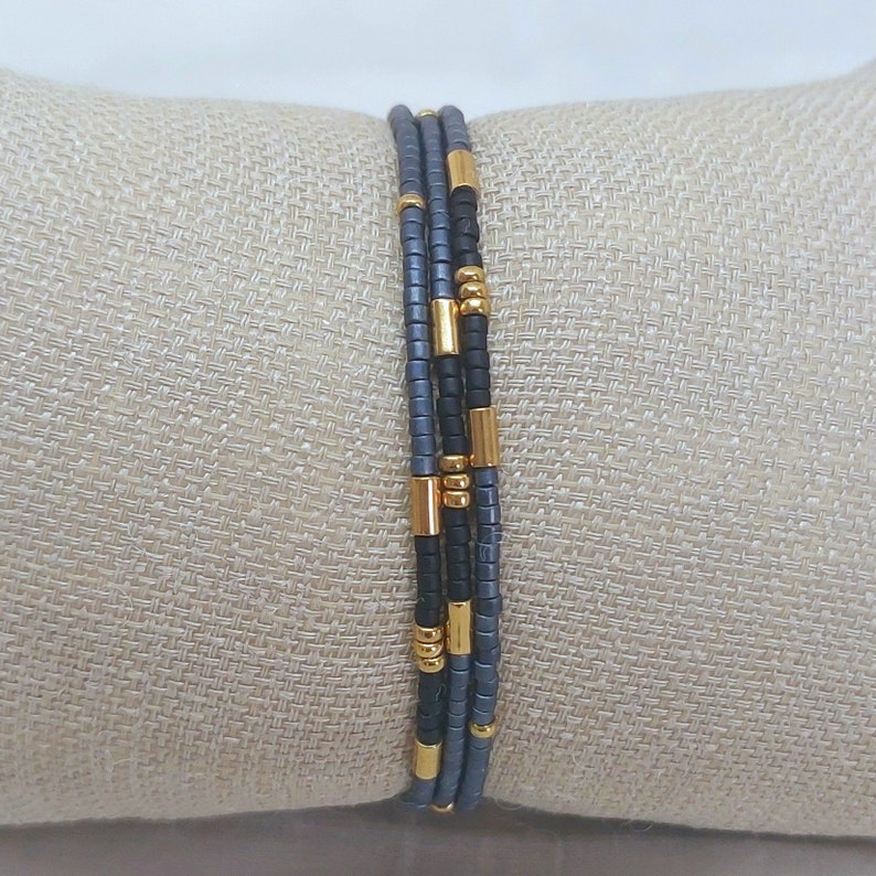 Adjustable Denim Blue Wrap Bracelet, Gift, Beaded Bracelet, Gold