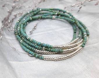 Delicate wrap bracelet, turquoise Japanese seed beads, gift for her, silver beads, beaded bracelet, elastic nylon, stretchy