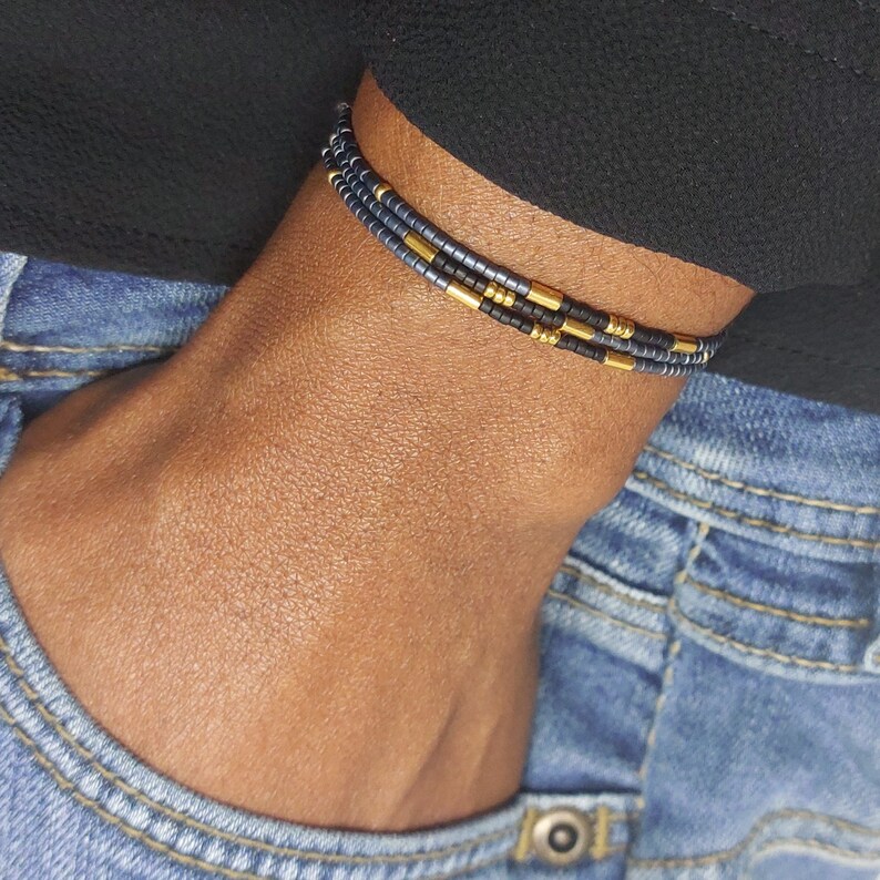 Adjustable Denim Blue Wrap Bracelet, Gift, Beaded Bracelet, Gold