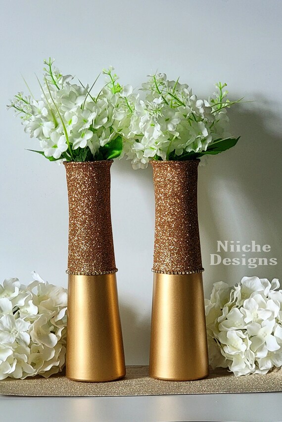 One Gold Flute Centerpiece Glass Vase With Sliver Glitter and Etsy