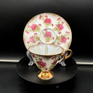 Vintage Japan Iridescent Lusterware Chrysanthemum Pedestal Teacup Saucer Set