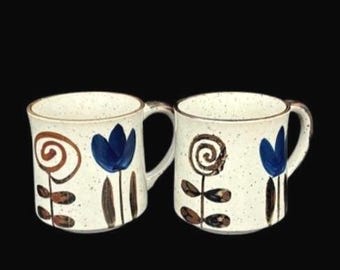1970年代ヴィンテージ オタギリ ジャパン コバルトブルー ブラウン 花柄 斑点模様 ストーンウェア コーヒーマグ 2個セット