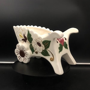 Vintage 1962 Ceramic Hand Painted Gold Leaf Wheelbarrow Garden Cart Planter Signed
