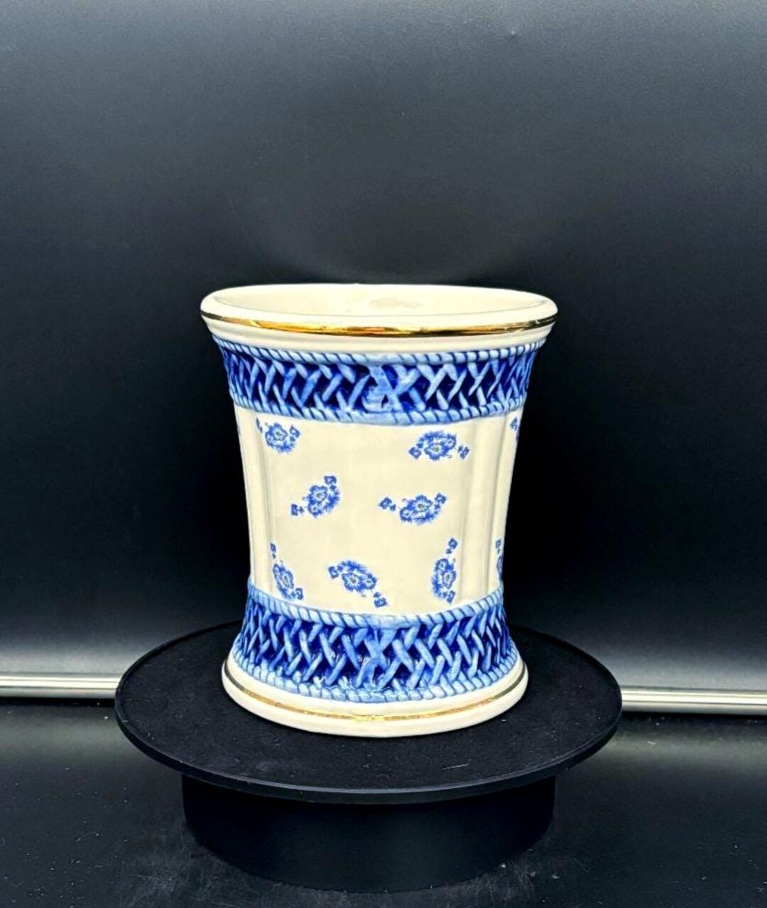 Vintage 1970's Bloomrite Blue French Country Gold Trimmed Pottery Vase ...