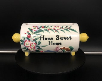 Vintage Lefton "Home Sweet Home" Raised Motif Rolling Pin Wall Pocket Planter Succulents