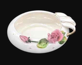 Cinzeiro/porta-joias vintage Lefton Pink Rose 352 em ouro branco para senhoras