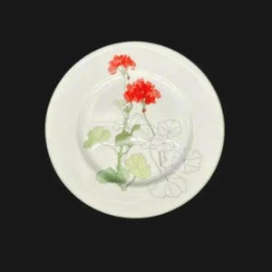 May include: A white ceramic plate featuring a floral design with red geraniums and green leaves. The plate has a simple, elegant design, perfect for serving food. The floral pattern adds a touch of nature to the tableware.