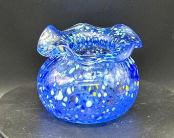 ヴィンテージのサイン入りブルー/マルチアートガラスの波模様の