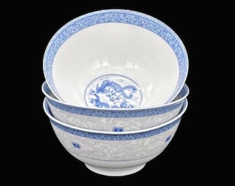 Juego de 3 cuencos vintage de Jingdezhen con diseño de dragón azul y blanco para ramen de arroz.