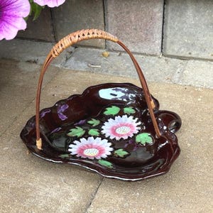 Vintage 1940 besetzten Japan handbemalte Blatt Korb Schale Bambusgriff