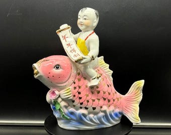 Vintage Chinese Porcelain Tongzi Fisher Boy Koi Fish Statue Wealth Luck Large
