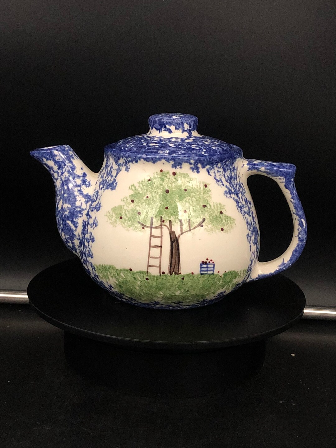 Vintage Molly Dallas Blue Spatterware Rare Apple Tree Teapot Excellent ...