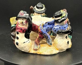 ヴィンテージ 2001 ヘザー・ゴールドミンク ブルースカイ クレイワークス セラミック スノーマン サークル キャンドルホルダー